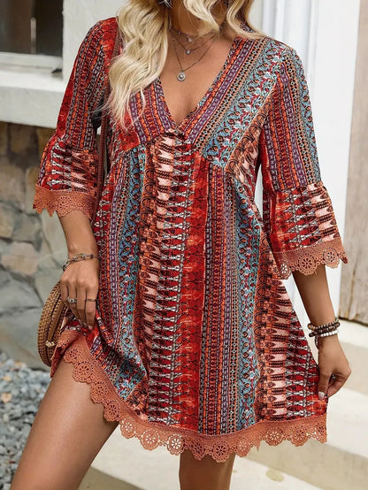 Vestido bohemio con cuello en V, estampado, informal, holgado, para playa, para mujer
