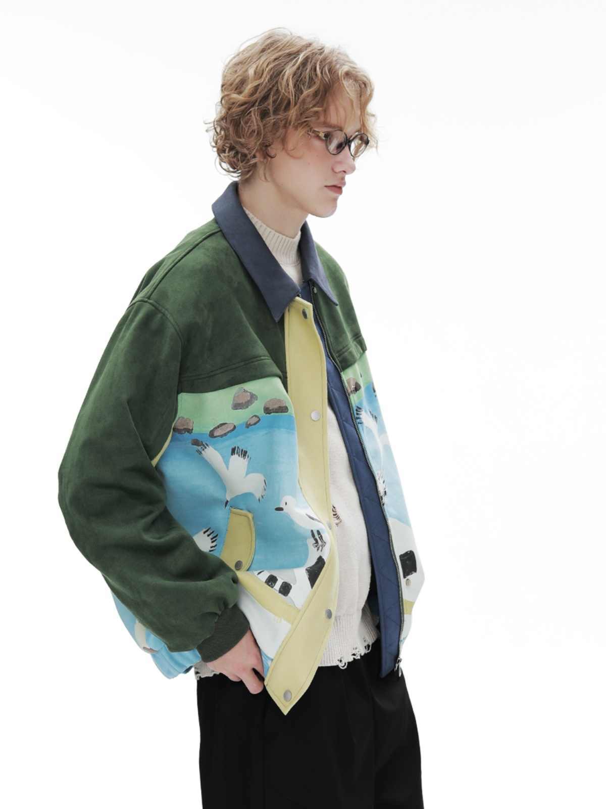 Retro Patchwork Baseball Uniform Men's Flight Suede Jacket