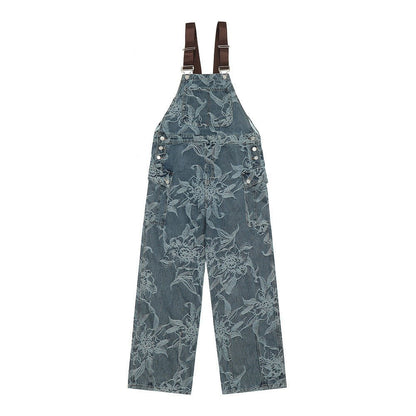 Flower Jacquard Denim Suspender Pants Men - BAGMODA