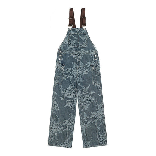 Flower Jacquard Denim Suspender Pants Men - BAGMODA
