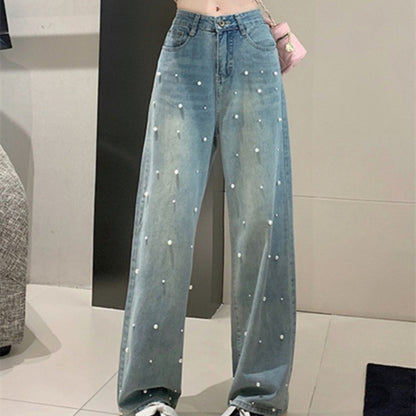 Pantalones vaqueros rectos de perla, cintura alta, ajustados, de pierna ancha, para mujer