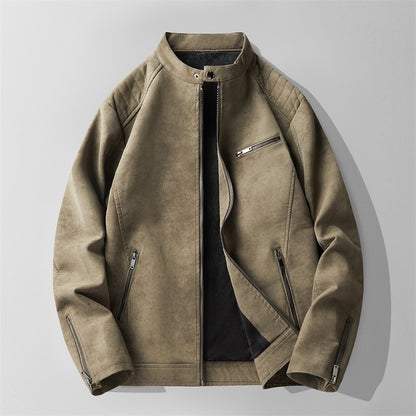 Herren Fleece-gefütterte Slim Fit Hübsche Motorradbekleidung Stehkragen Lederjacke