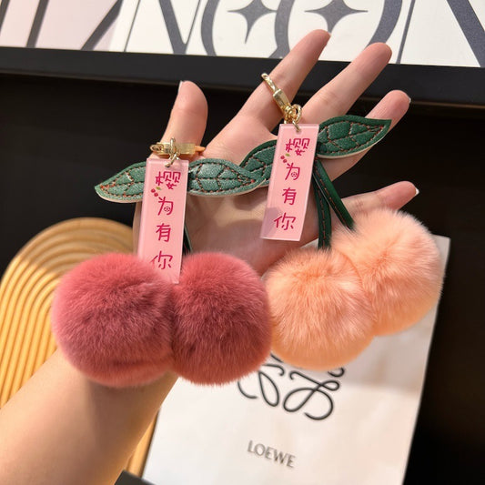 Real Otter Rabbit Fur Grass Little Cherry Car Keychain Pendant
