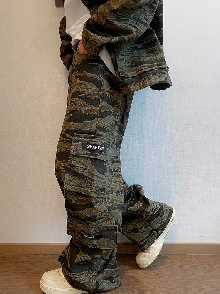 Loose Tiger Pattern Camouflage Pocket Overalls Men Straight - leg Pants - BAGMODA