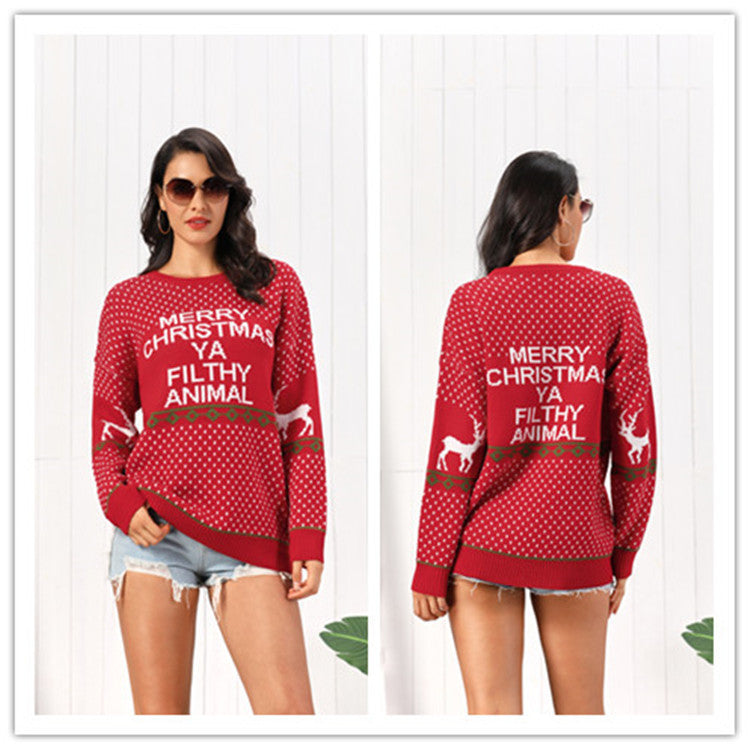 Women's Clothing Amazon Hot Knitwear Letter Deer Loose Plus Size Mid-length Sweater