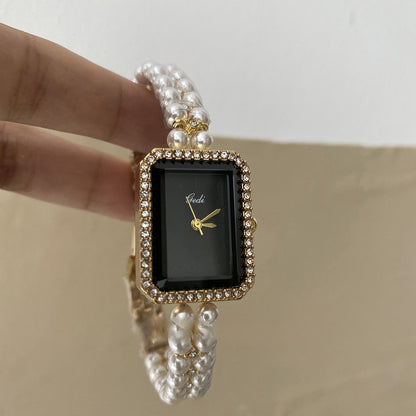 Silber Schwarz Quadrat Perle Armband Diamant Mode Quarzuhr