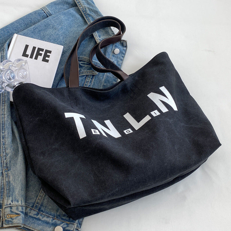 Casual Letter Print Canvas Shoulder Tote