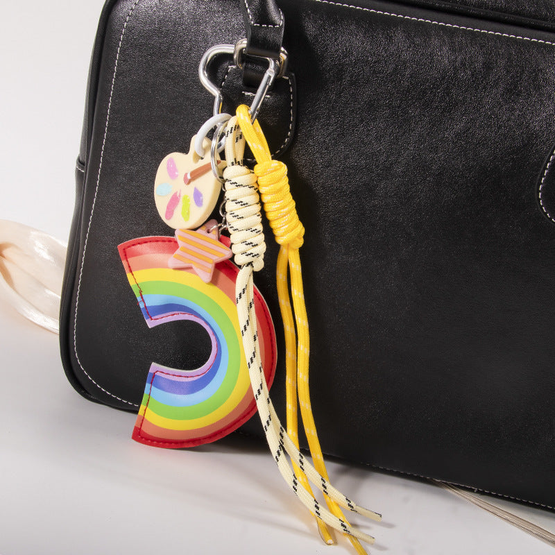 Ins Leather Cotton-filled Rainbow Palette Ornaments Braided Rope Handbag Pendant