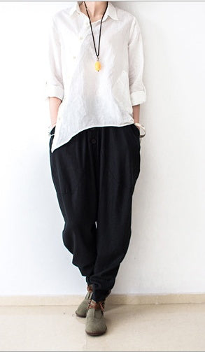 Pantalones de lino, pantalones harén para mujer 
