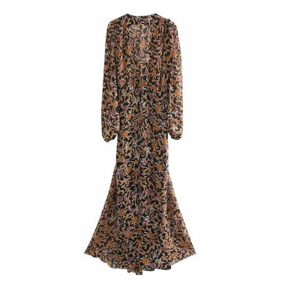 Za Vestidos de mujer Floral Retro Estampado Cuello en V Mangas largas Vestido de tul Mujer Vintage Goth Vestido largo