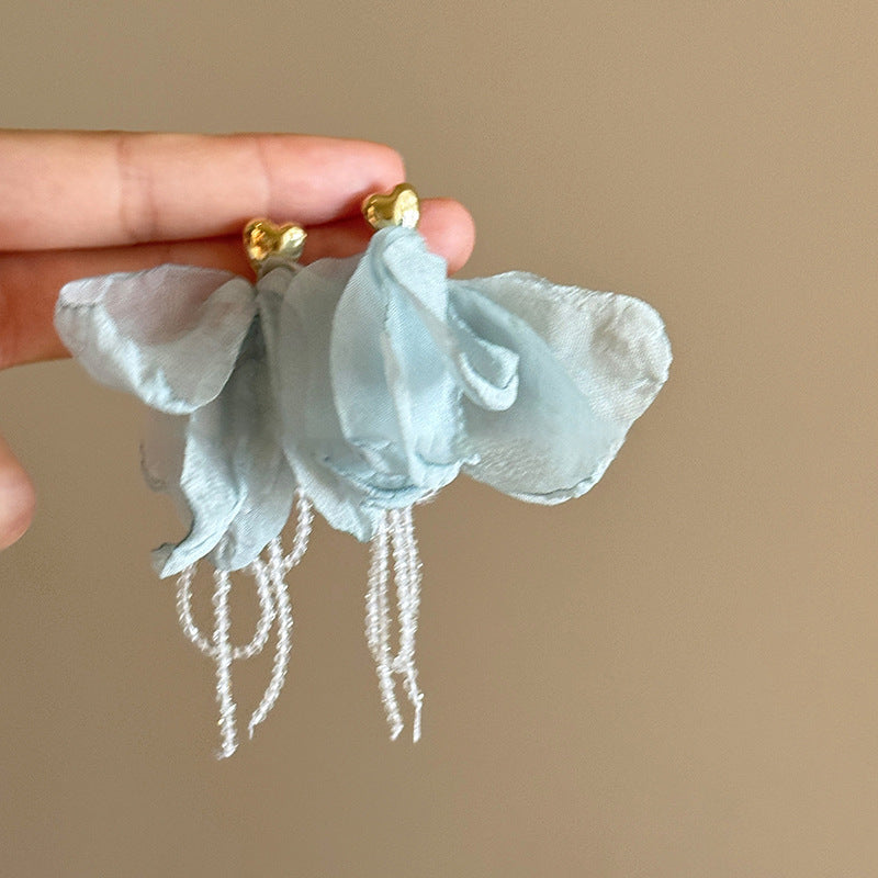Silver Needle Fabric Flower Pendant Earrings For Women