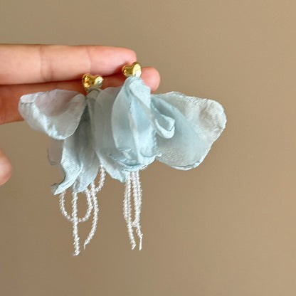 Pendientes colgantes de flores de tela con aguja de plata para mujer