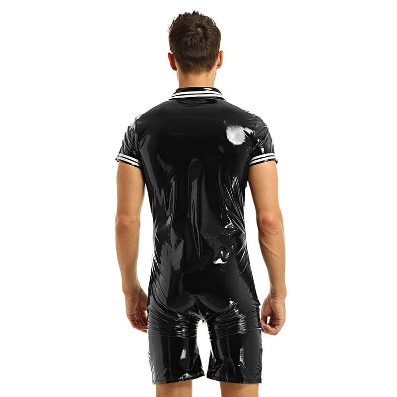 Stretch Bright Leather Faux Latex Patent Men's Shapewear Bodysuit