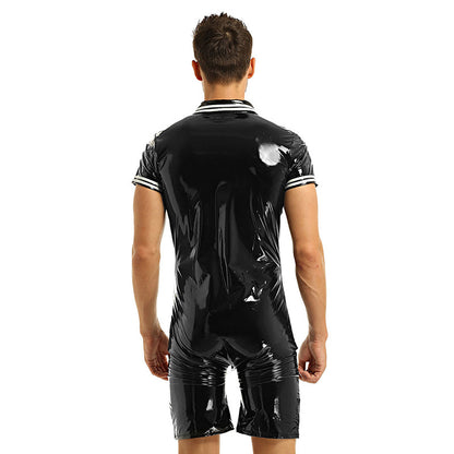 Stretch Bright Leather Faux Latex Patent Men's Shapewear Bodysuit