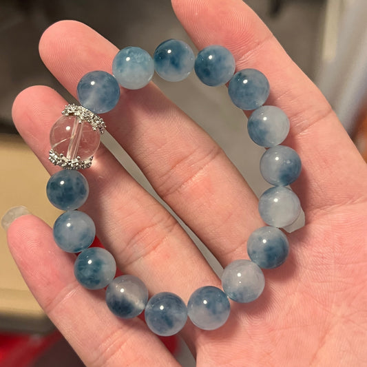 White Crystal Ink Blue Floating Flower Chalcedony Aquamarine Bracelet