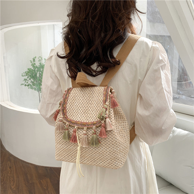 Western Style Travel Women's Straw Backpack Bohemian Style Tassel Bag
