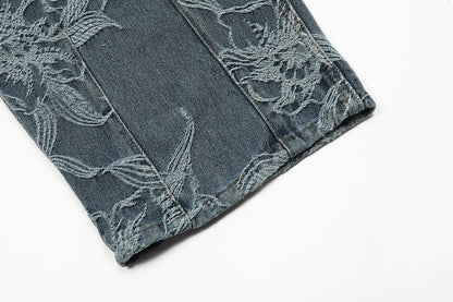 Flower Jacquard Denim Suspender Pants Men - BAGMODA