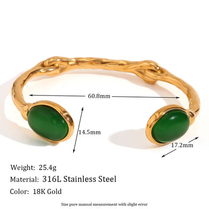 Ovales Naturstein-Armband, offen, unregelmäßig, grüner Achat, rosa Kristall, 18 Karat vergoldet, 316L Edelstahl, Armbänder für Frauen 