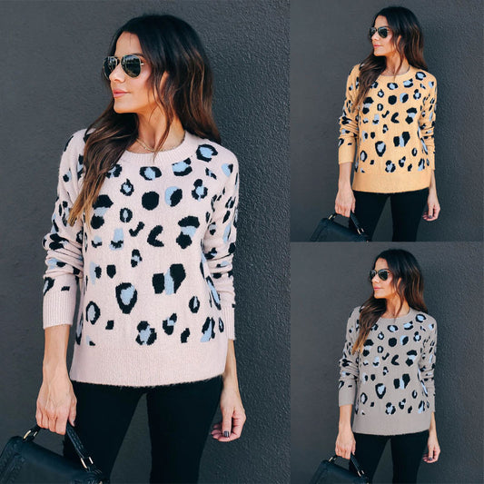 Plus Size Women's Sweater Leopard Print Knitwear Base Clothing Sweater