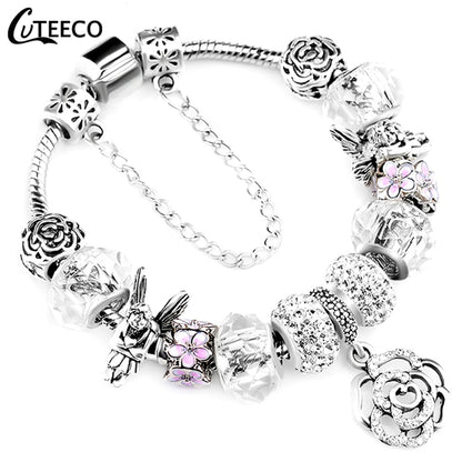 Pulsera de plata con dijes para mujer, cuentas de flores de cristal, compatible con pulseras de marca, joyería 