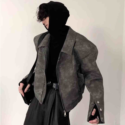 Short Padded Shoulder Brown Leather Coat Men's Pilot Jacket