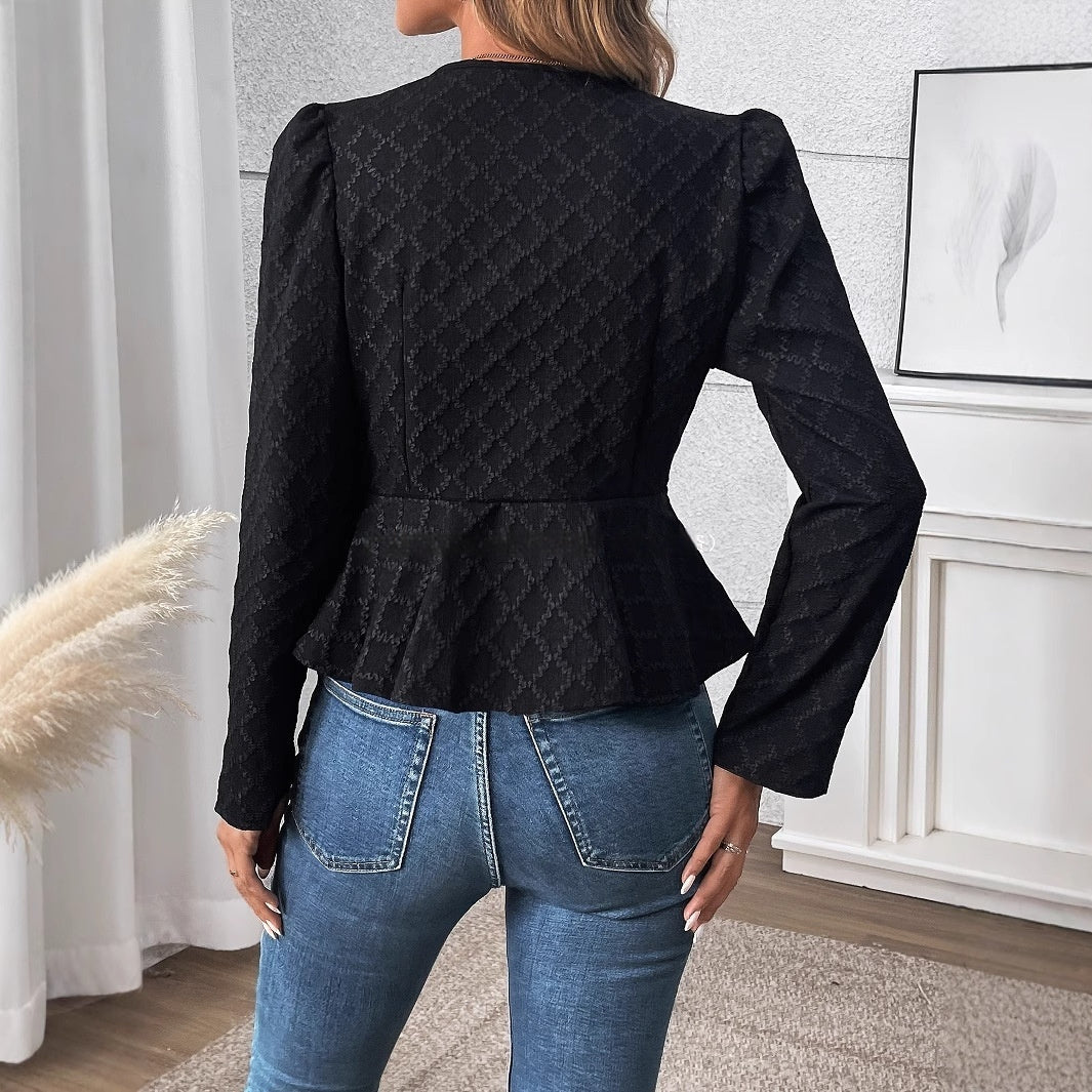 Women's Slim-fit Solid Color Embossed Waist-controlled Long Sleeves Round Neck Lightweight Top