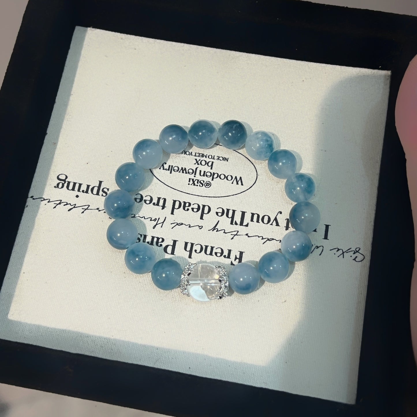 White Crystal Ink Blue Floating Flower Chalcedony Aquamarine Bracelet