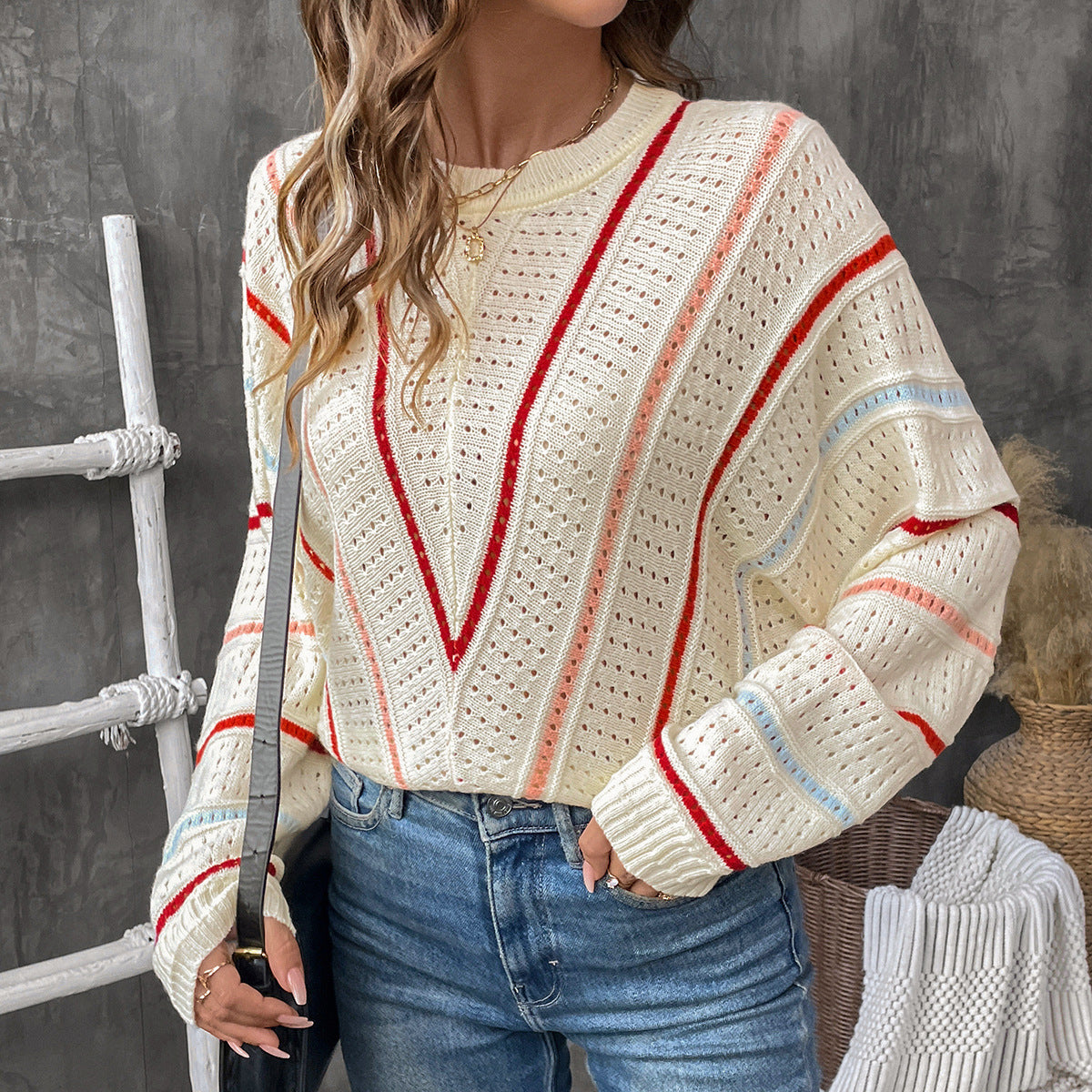 Asian Knitwear V-stripe Pattern Hollow Out Sweater