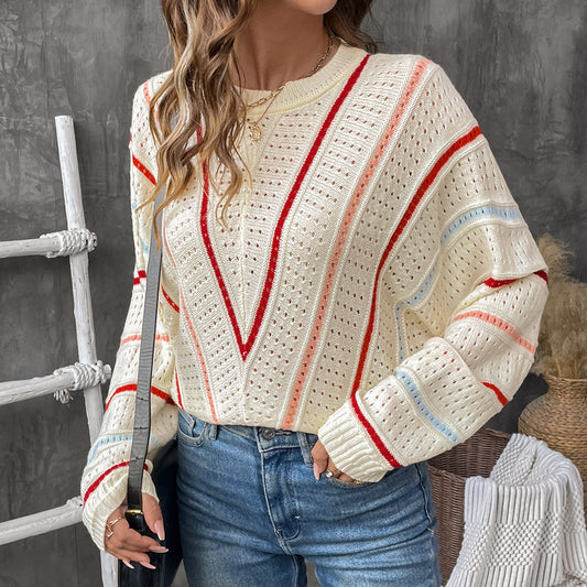 Asian Knitwear V-stripe Pattern Hollow Out Sweater