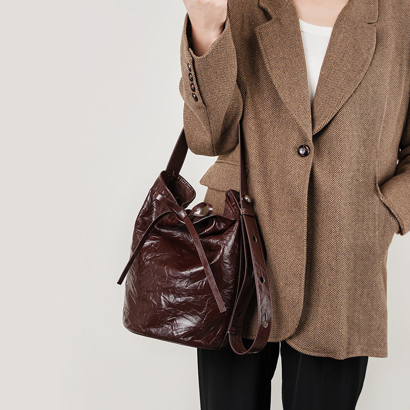 Leather Bucket Tote Bag