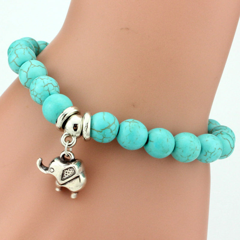 Vintage Boho Charm Bracelets Bangles Women Natural Stone Tree of Life Elephant Owl Pendant Bead Bracelet Men Jewelry
