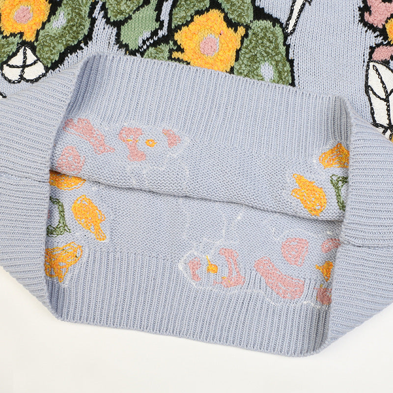 Knitted Women Floral Sweater Long Sleeve Knitwear Casual Loose Outwear Female Jacquard Tops