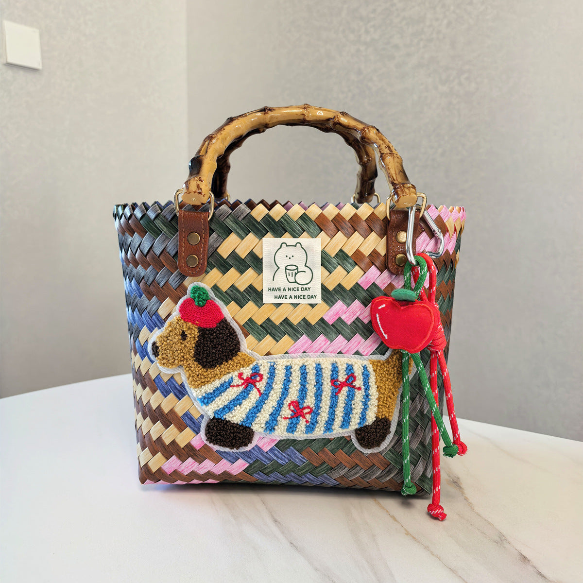 Vintage Stripe Sausage Dog Woven Bag