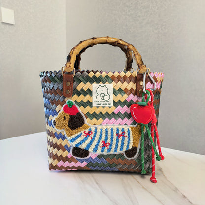 Bolso tejido vintage con diseño de perro salchicha a rayas