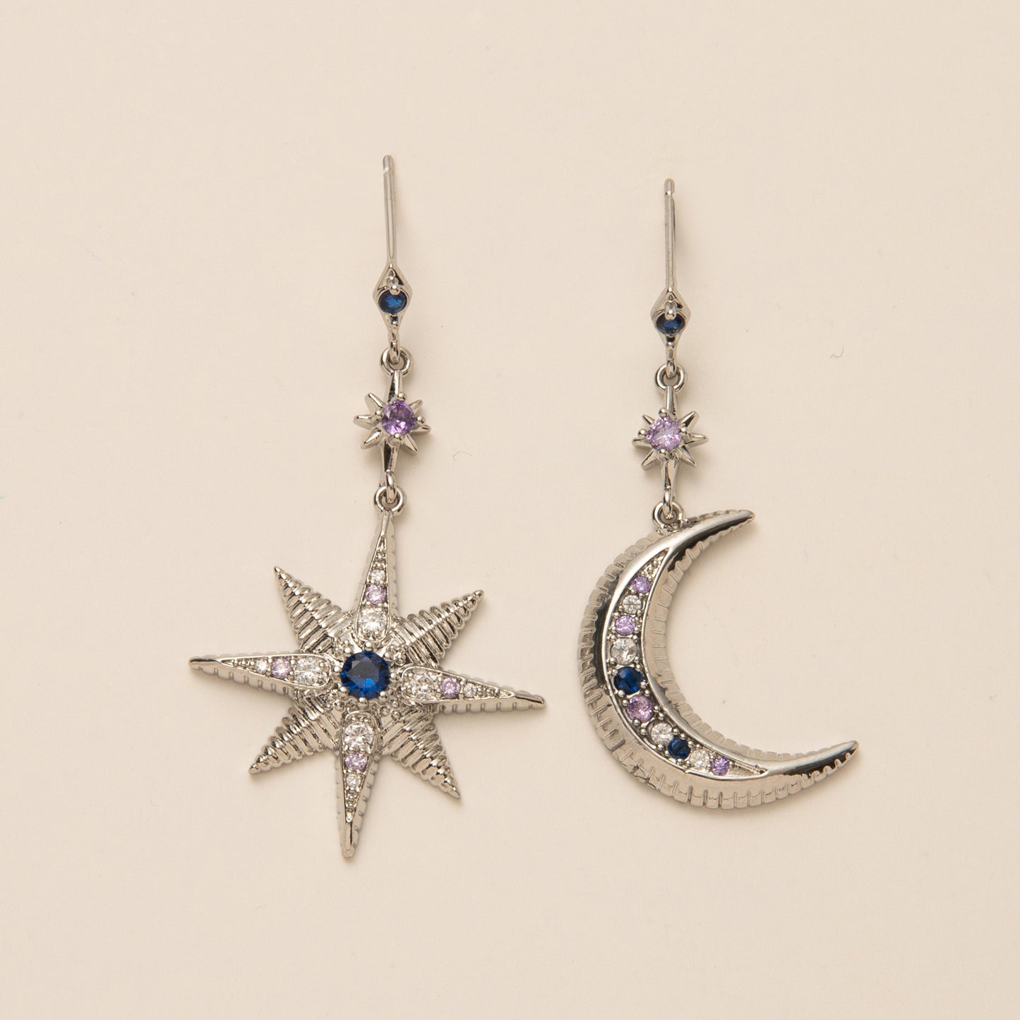 Star Moon Asymmetric Color Zircon Star And Moon Stud Earring