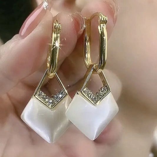 Irregular Opal Rhombus Zircon Earrings