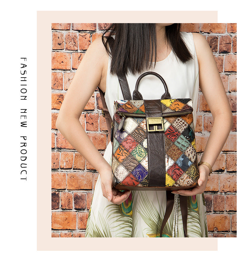 Cowhide Ethnic Stitching Backpack