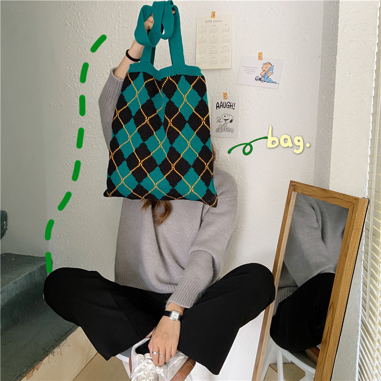Knitted portable tote bag wool one-shoulder women's cloth bag