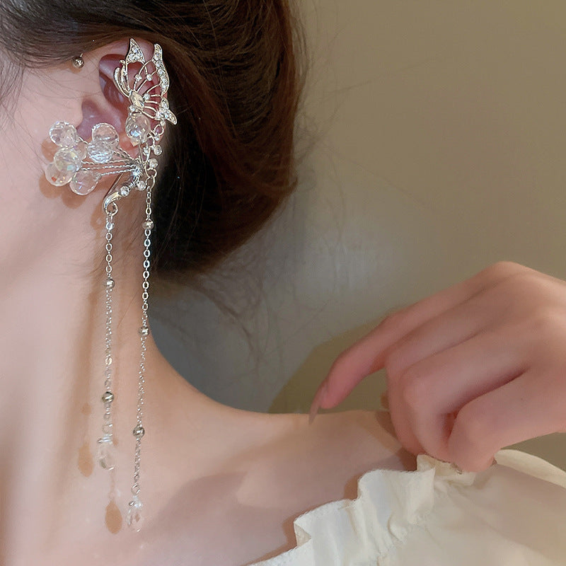 No Pierced Diamond Butterfly Crystal Tassel Ear Hanging