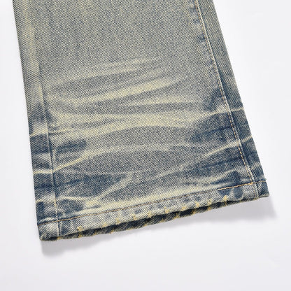 Distressed Scratches Denim Straight - leg Pants Men - BAGMODA