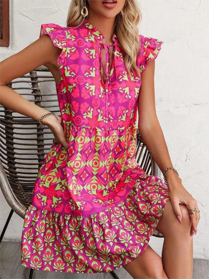 Vestido sin mangas estampado de verano con cuello en V y cordones rectos para mujer