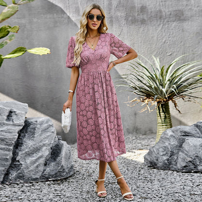Mode V-Ausschnitt Spitzenkleid Sommer Elegante Kurzarm Lange Kleider für Frauen