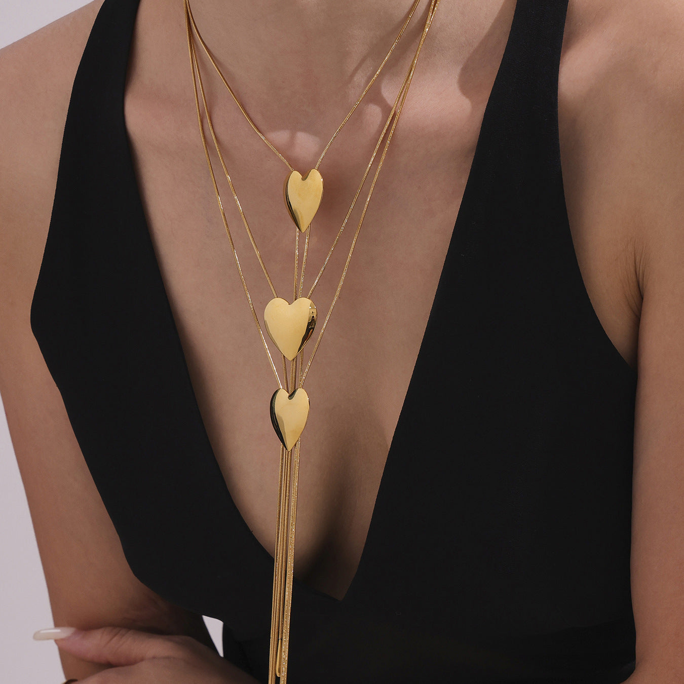 Stainless Steel Glossy Heart Pull-out Long Necklace