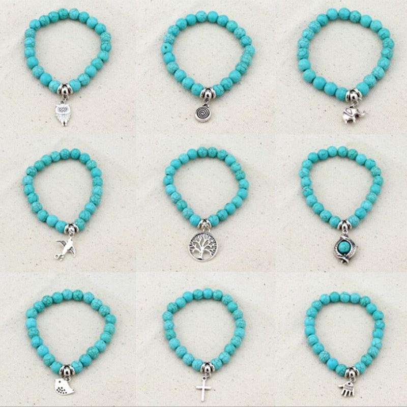 Vintage Boho Charm Bracelets Bangles Women Natural Stone Tree of Life Elephant Owl Pendant Bead Bracelet Men Jewelry