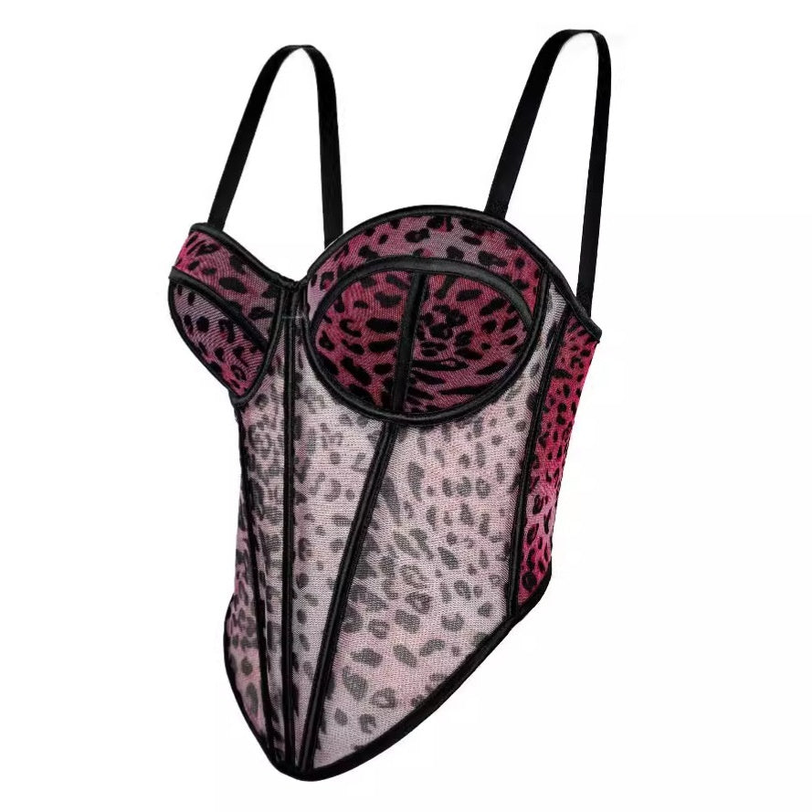 Sexy Leopard Print Splicing Bralette with High-End Mesh Lace Sheer Outerwear Boned Bustier