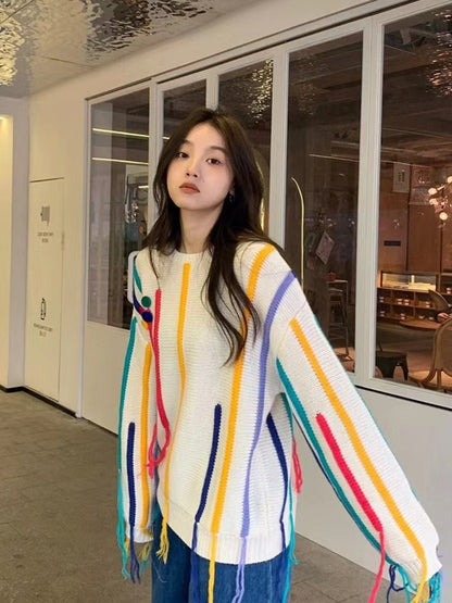 Pullover mit Fransen-Design, bunt gestreifter Pullover für Damen