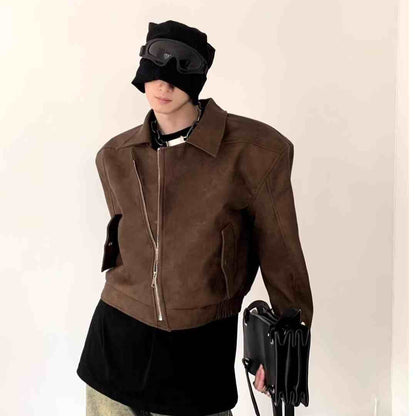 Chaqueta de piloto de cuero marrón con hombros acolchados cortos para hombre