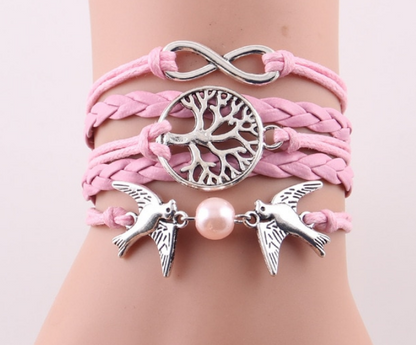 Pulsera trenzada de cuero con perlas de imitación y dije de pájaros voladores de árbol infinito de moda para mujer, pulseras y brazaletes para mujer, joyería