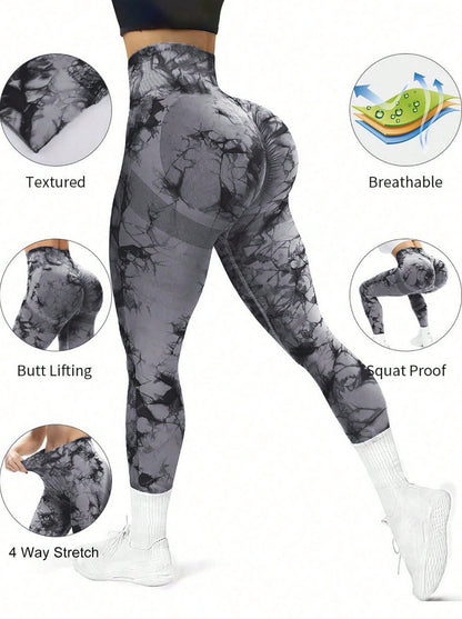 Pantalones de yoga sin costuras con efecto tie-dye color melocotón para mujer, cintura alta, para entrenamiento