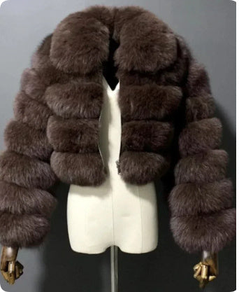 Chaqueta ligera de lujo para mujer con solapa de imitación de piel de zorro y manga larga con costuras